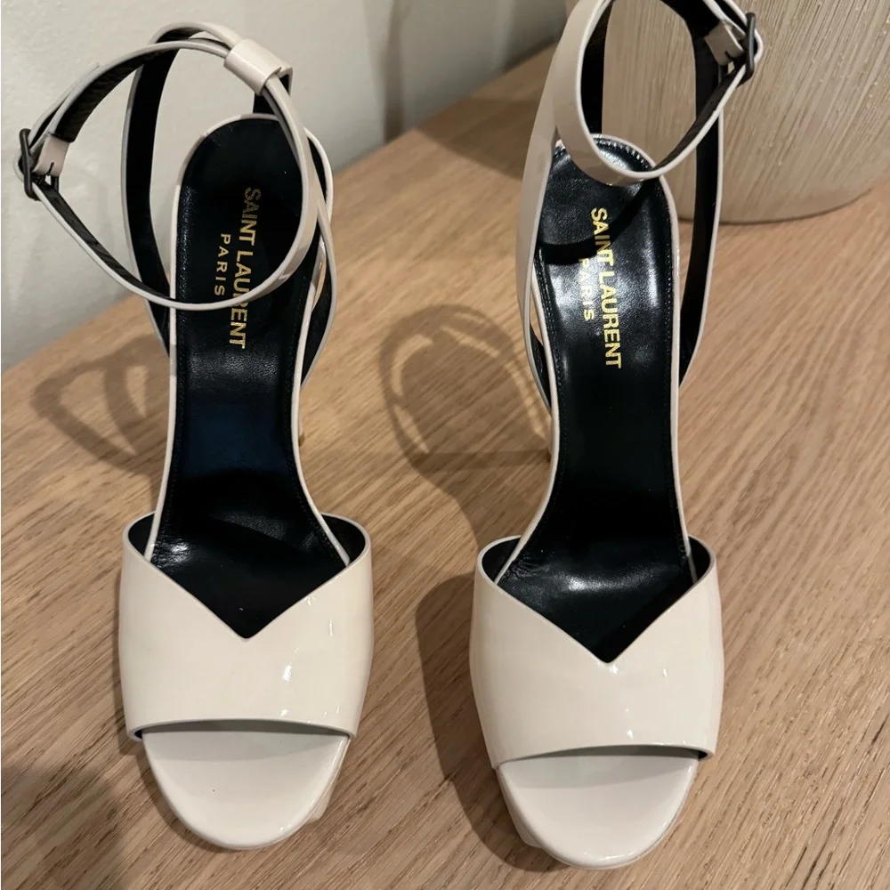Saint Laurent Cream Patent Leather Platform Heels with Ankle Strap - Picture 3 of 16